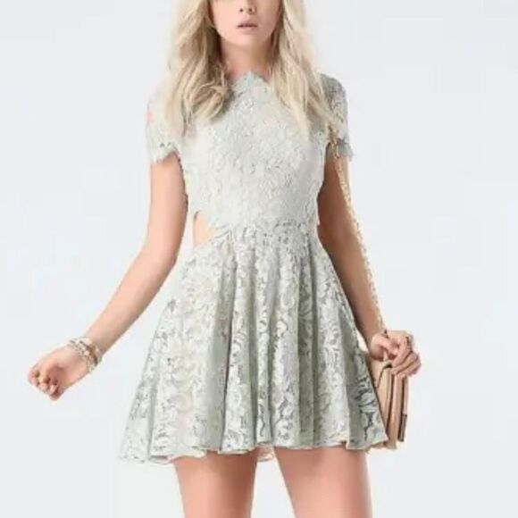 Bebe Women’s 8 Foil Lace Cutout Mint Blue Green Mini Dress Short Sleeve - Picture 3 of 13